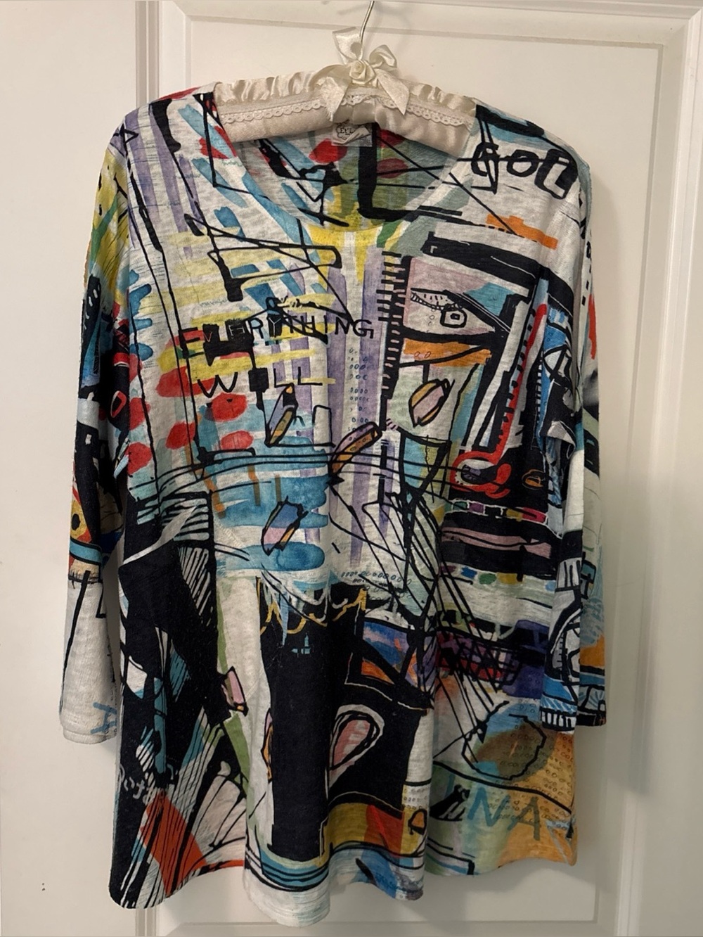 Et'Lois Tunic Top Womens XL Multicolor Abstract Art Print-3/4 Sleeve-Cotton